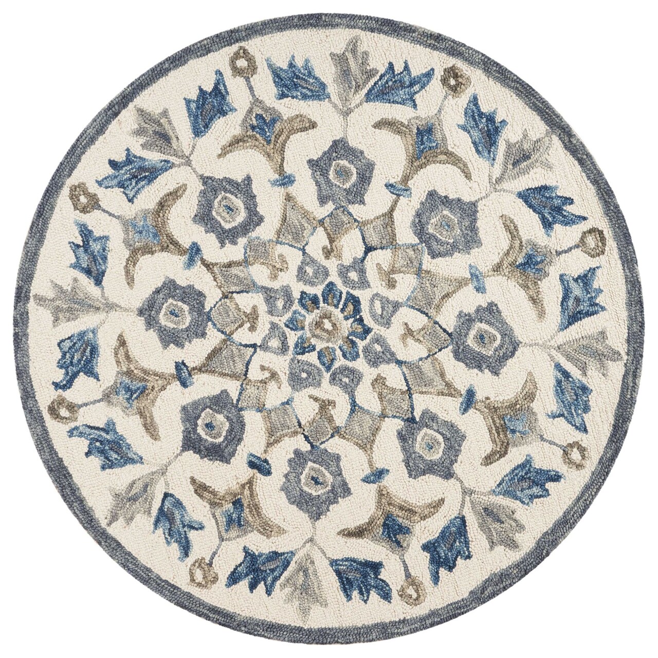 Laddha Home Designs 4' Blue and Ivory Hand Tufted Floral Round Wool Area Throw Rug